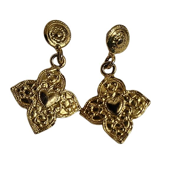 1980s Bali Design Gold Tone Filigree Heart on Cross Pierced Dangling Earrings - Picture 1 of 3